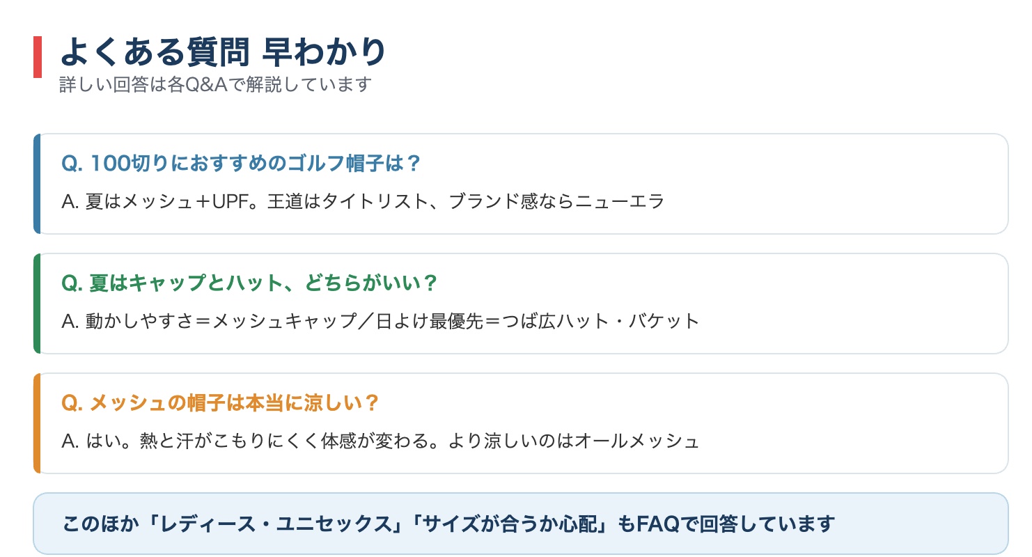 ゴルフ帽子のよくある質問3つと回答を早わかりでまとめた図解