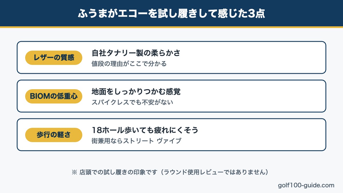 ふうまがエコーを試し履きして感じた3つのポイント図解
