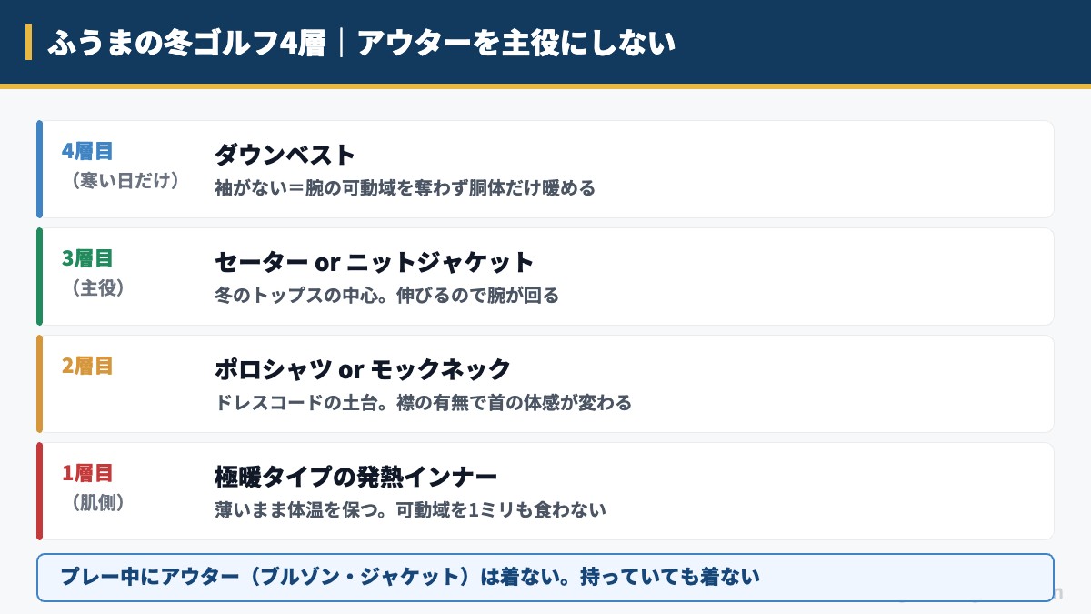 ふうまの冬ゴルフ4層|アウターを主役にしない