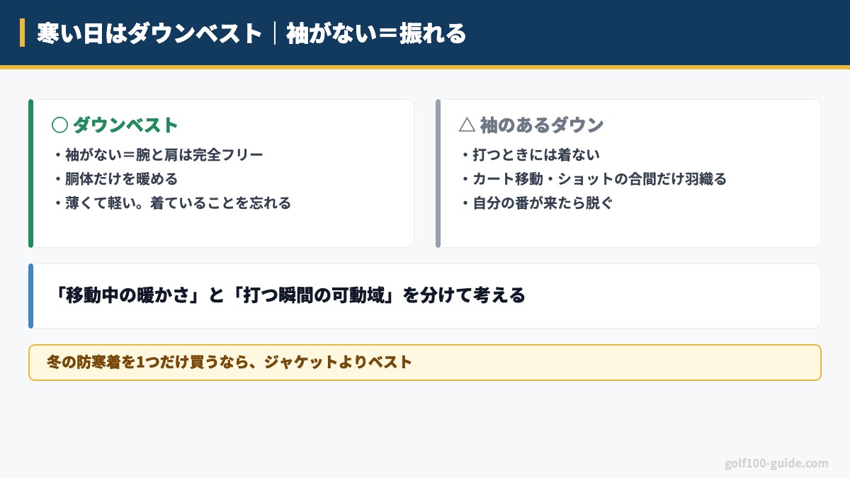 寒い日はダウンベスト(袖がない=振れる)