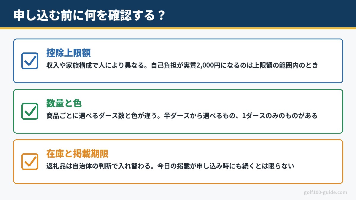 ふるさと納税のゴルフボールを申し込む前の確認3つ|控除上限額、数量と色、在庫と掲載期限
