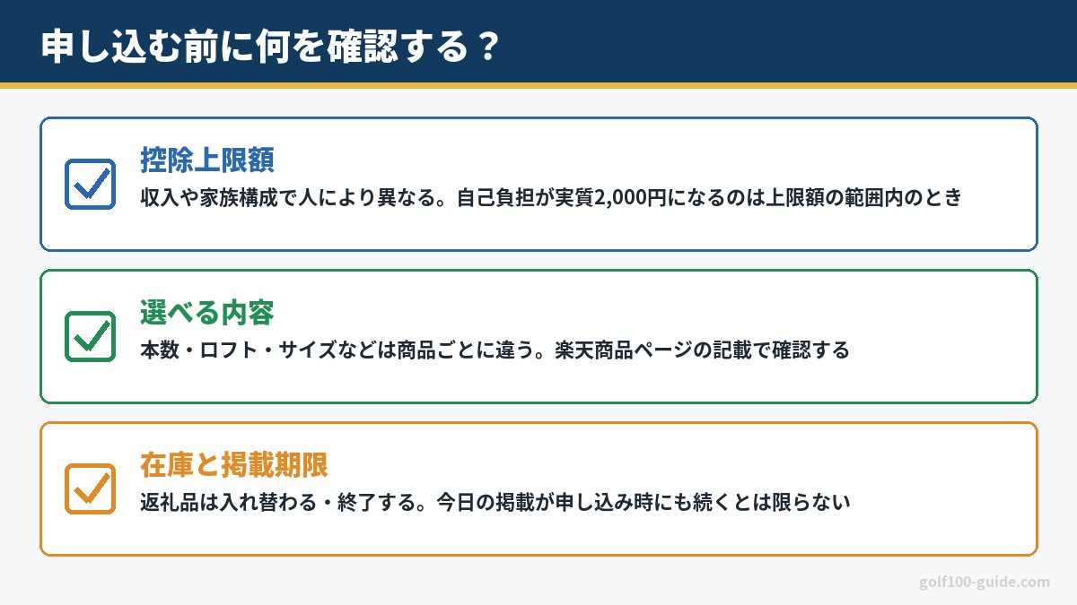 ふるさと納税のゴルフ用品を申し込む前の確認3つ|控除上限額、選べる内容(本数・ロフト・サイズ)、在庫と掲載期限